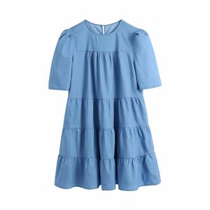 Elegant Women O-Neck Denim Patchwork Dress Fashion Ladies Pleated A-Line Sweet Female Chic High Waist Mini es 210427