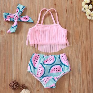 Bebek Yaz Mayo Kız Beachwear Mayo Karpuz Baskı Püskül Sling 3 Parça Set Kızlar 210515