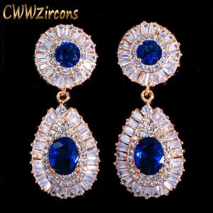 High Quality Gorgeous Blue Cubic Zirconia Pave Long Dangle Drop Dubai Gold Bridal Wedding Earrings for Women CZ361 210714