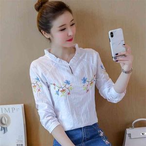 Frühling Sommer Korea Mode Frauen Hemd Plus Größe Langarm Floral Stickerei Bluse Lose Beiläufige Baumwolle Damen Tops D121 210512