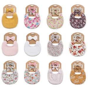 3pcs Baby Headband Tassel Saliv Handduk Blomstryck Nyfödda Dubbelsidiga Bibs Boys Girls Bandana Burp Cloths Feeding Smock Stuff 2412 V2