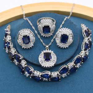Brincos Colar Royal Azul Pedras Enormes Dubai Cor de Prata Conjuntos de Jóias para Mulheres Pulseira Anel de Anel de Aniversário de Luxo