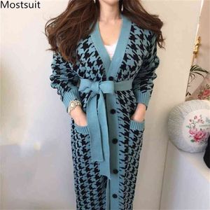 Kadınlar Kış Houndsthooth Örme Uzun Hırka Kore Vintage Gevşek Lace Up V Yaka Kazak Moda Bayanlar Hırka Pockets ile 210513