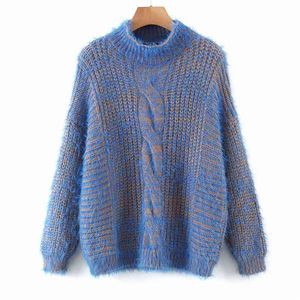 Женщины осень зима теплые пуловеры свитера с длинным рукавом ошеломленный шеи свободные вязаные женские модные уличные свитер одежда 210513