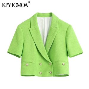 KPytomoa Mulheres Moda Dupla Breasted Tweed Cropped Blazer Casaco Vintage Manga Curta Feminina Outerwear Chic Veste Femme 211122