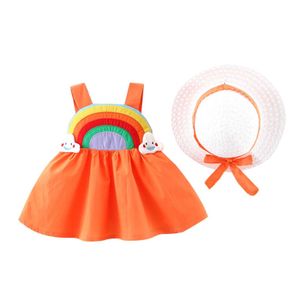 40 # Çocuk Giysileri Bebek Kız Elbise Gökkuşağı Desenleri Baskı Kolsuz Prenses Elbise + Şapka Yaz Kız Elbise Seti Kıyafet Q0716