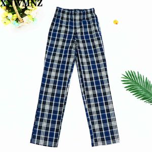 Casual sweatpants kvinnor bomull och linne plaidbyxor elastiska midja byxor kvinnor höga midja bredben byxor kvinnliga koreanska byxor 210510