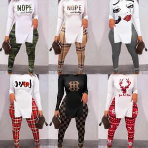 Valentine Day And Christmas Gifts Designer Women Tracksuits Two Piece Set New Personalized Letter Printing Tops Split Hem Long Sleeve Slim Clothes
