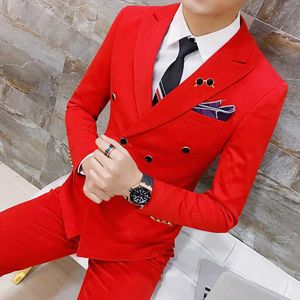 ( Jackets + Pants ) Solid Color Double Breasted Suit Groom Wedding Suits Men Dress Suit Dinner Party Prom Suit Formal Business X0608