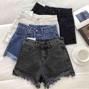 Women Summer Fashion Tassel Jean Denim Shorts Washed Distressed Jeans Ripped Casual Korea Zipper Fly Sexy 211129