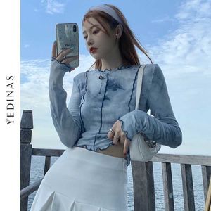 Yedinas Harajuku Tie Dye Long Sleeve T-shirts Fold Design Slim Blue Tshirt Cotton Korean Style Chic T Shirt Japanese Sweet Tops 210527