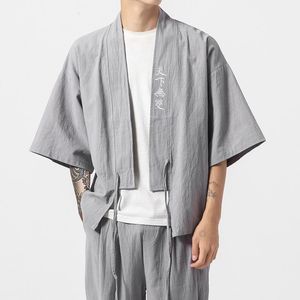 Mäns Tracksuits Sommar Tunn Bomull Linen Hanfu Kinesiska Män Tang Two-Pite Suit Plus Size 5XL Loose Tops Cardigan Robe Japanicens Ancient Kimo