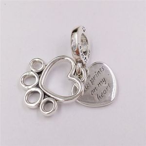 925 Sterling Silver valentines day jewelry making pandora style Hearts & Paw Print Dangle charms chain diy girls bracelet for women necklace bead kit bangle 799320C01