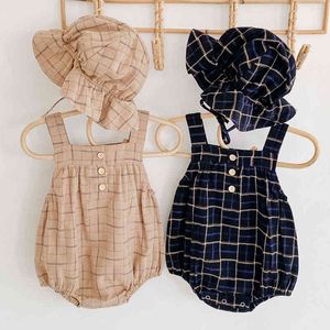 Autumn Winter born Infant Baby Boys Girls Grid Rompers And Hat Clothing Kids Clothes 210429