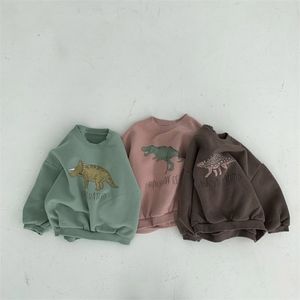 İlkbahar Sonbahar Bebek Kız Erkek Kazak Gömlek Polar Sıcak Uzun Kollu Tops Çocuk Giyim Dinozor Baskı Hoodies 211110 Tops