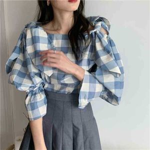 Spring Retro Gentle Blouses Plaid Loose Tops Streetwear Office Lady Casual Chic All Match Stylish Bow Shirts 210525