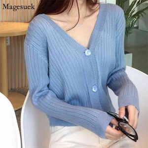 Solid Autumn Knit Camisola Mulheres Manga Longa Loose Cardigan Mulher Coreano Coreano V-Neck Sexy Doce Feminino Mujer 10330 210512