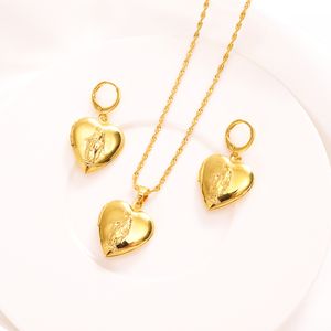 Pendant Chain Earring Solid Fine 9K Yellow Gold Necklace Heart Prayer Mary Fashion Women's