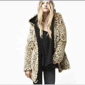 Faux Fur Leopard Print Jackets Classic Warm Winter Long Jacket Hoody Coats Sleeved Female Outerwear Overcoats Plus Size 211207