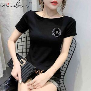 Verão Europeia estilo t-shirt moda slash diamantes de pescoço mulheres tops algodão slim todos os fósforos camisa de fundo T14704A 210421