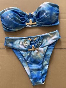 Kadın Mayo Seksi Baskılı Metal Yüzükler Yüksek Bel Bikini Kadın Bandeau Mayo Kadın Iki Adet Set Bather Mayo Yüzmek