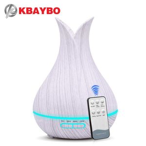 Humidificador de aire KBAYBO de 400ml con control remoto, difusor de aceite aromático de grano de madera blanca, purificador, 7 opciones de colores, lámpara para el hogar 210724