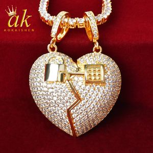 Bruten hjärta magnetisk personlighet halsband par nyckel lås hjärta hänge guld färg material koppar cubic zircons bling charm hip hop rock street smycken
