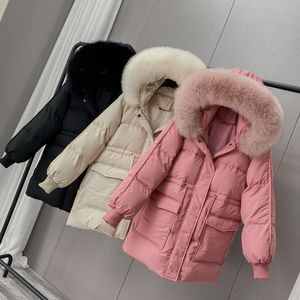 Vinter Vit Duck Down Jacket Kvinnor Medium Long Hooded Coat Kvinna Casual Tjock Solid Fur Collar 210520