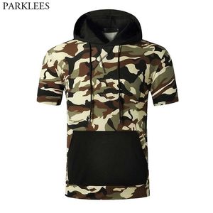 Camo Camouflage Patchwork Hooded Tshirt Män Hip Hop Short Sleeve Mens Hoodies T-shirts Casual Hip Hop Streetwear Tees 210522