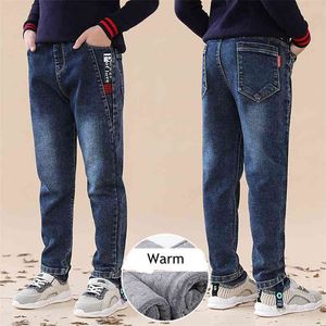 Moda Inverno Quente Jeans Para Grandes Meninos Algodão Cor Sólida Elástica Cintura Denim Calças Adolescentes Teenage Thicken Calças Soltas 210622