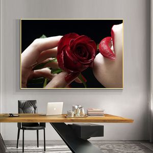 Reliabli Red Rose Poster Mulher Lábios HD Pictures Pintura de lona Arte de parede para sala de estar Retrato Decoração de casa sem moldura