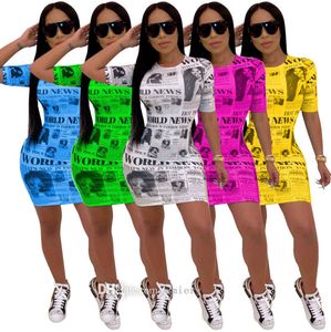 Women Dresses Sexy Newspaper Printed Short Sleeve Dress Round Neck Casual Slim Tight Ladies One-piece Skirt a001