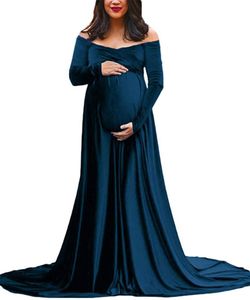 Maternity Dresses Fall / Winter 2021Women's Clothes Gold Velvet Gravid Kvinnor V-Neck Trailing Long Dress Poggraphy