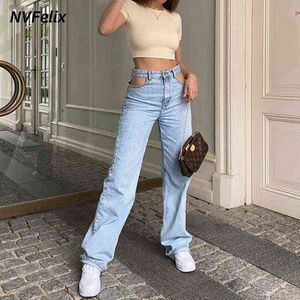 Calça jeans em linha reta para mulheres cintura alta solta cabida azul lavagem casual denim calças moda folhy mãe calças 211129