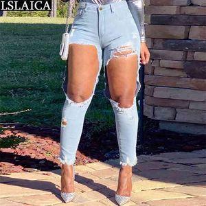 Chegada Calças Mulheres High-Cintura Slim-Fit Denim Calças com Buracos Moda Cor Sólida Personalizado Casual Femme Pantalon 210515