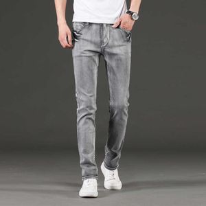 Koreansk stil mode män jeans retro grå elastisk smal passform enkel avslappnad för vintage designer stretch denim byxor