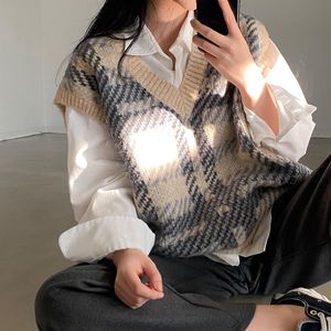 Kvinnors Tröjor Kvinnor Vår Auutmn Sweater Vest StreetWear Y2K V-Neck Lossa Casual Plaid Stickad Kvinna Kawaii Sticka Toppar Harajuku