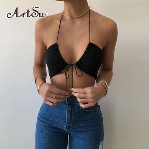 Artsu Sexy Off Shoulder Halter Top Ruffles Skinny Crop Tops Cute Sleevelharajkuku Kamizelka Neck Tank Tops 2021 Nowe Topy X0507