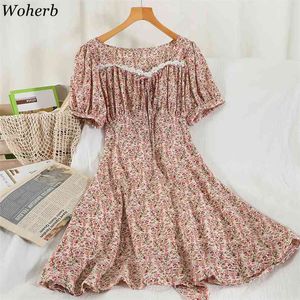 Sommar Sweet Floral Mini Dress Kvinnor Puff Sleeve Vintage Elegant Vestidos Koreansk Fashion Square Collar Chiffon Klänningar 210519