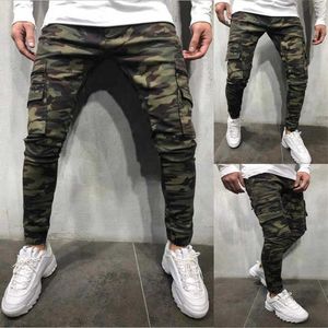 Jeans stile mimetico militare Uomo Skinny Hip Hop Jeans a matita tinta unita Pantaloni cargo multitasche da uomo Slim Jogger X0621