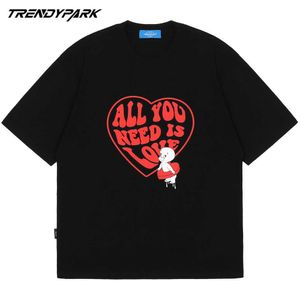 Coração do t-shirt dos homens Tudo que você precisa é amor Imprimir Hip Hop Manga Curta Verão Oversized Harajuku Camisetas Tops Homens Mulheres Roupas 210601