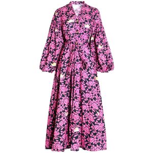 Kvinnor Vintage V-Neck Purple Blommigryck Lantern Sleeve Lång A-Line Midi Dress Holiday D2301 210514