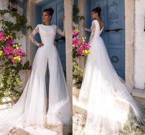 Boho Beach Long Sleeve Jumpsuits Wedding Dress With Detachable Train Lace Bohemian Bridal Gowns Vestido De Noiva Ivory Women Elopement Dresses