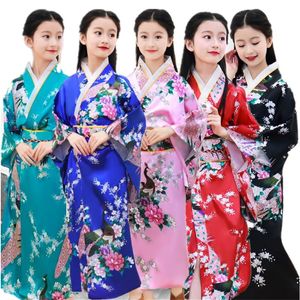 8Color tradicional meninas japonesas kimono asiático obi vestido de seda de seda pavão de manga comprida moda haori roupas crianças vestidos étnico