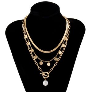 Perlenknopfkette großhandel-Vergoldet mehrschichtiger Barockperlenanhänger OT Kippschleim Halskette für Frauen Geschenk