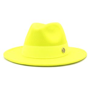 2022 Solidny kolor Wełniany Top Hat Kobiety Mężczyźni Szeroki Brim Party Fedory Kapelusze z M Wstążka Got Gotowy Vintage Wedding Jazz Filc Hat Hat