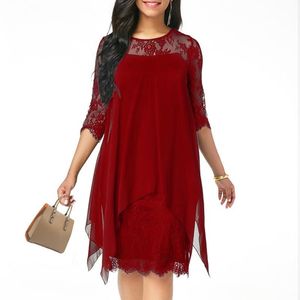 Casual Dresses XS-5XL Solid Color Three Quarter Sleeve Lace Dress Round Neck Women Elegant Overlay Chiffon Plus Size2021 Fashion