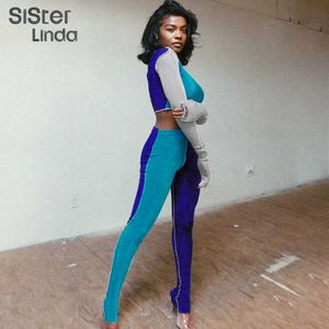 Sisterlinda 2021 Stripe Patchwork Contrast Sportwear Woman Outfit Full Sleeve Crop Tops Leggings 2Piece Set Activewear Tracksuit Y0625