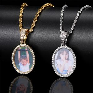 Oval personalizado foto Memory frame sólido de volta pingente colar ouro prata banhado mens bling hip hop jóias presente