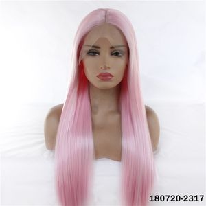 Różowy Syntetyczny Lacetal Wig Symulacja Ludzkich Włosów Koronki Przednia Peruki 12 ~ 26 cali Długie proste Pelucas 180720-2317